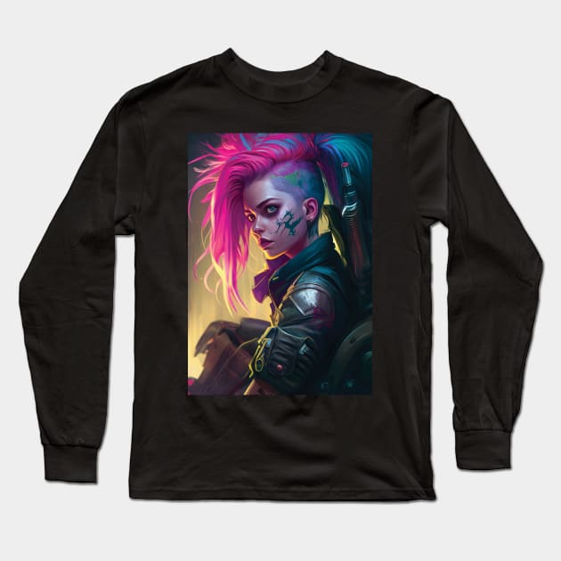 Cyberpunk Girl | Post-apocalyptic | Anarchist Streetwear | Punk Fashion | Colorful Punk Artwork | Tattoos and Piercings | Paint Splash Long Sleeve T-Shirt by GloomCraft